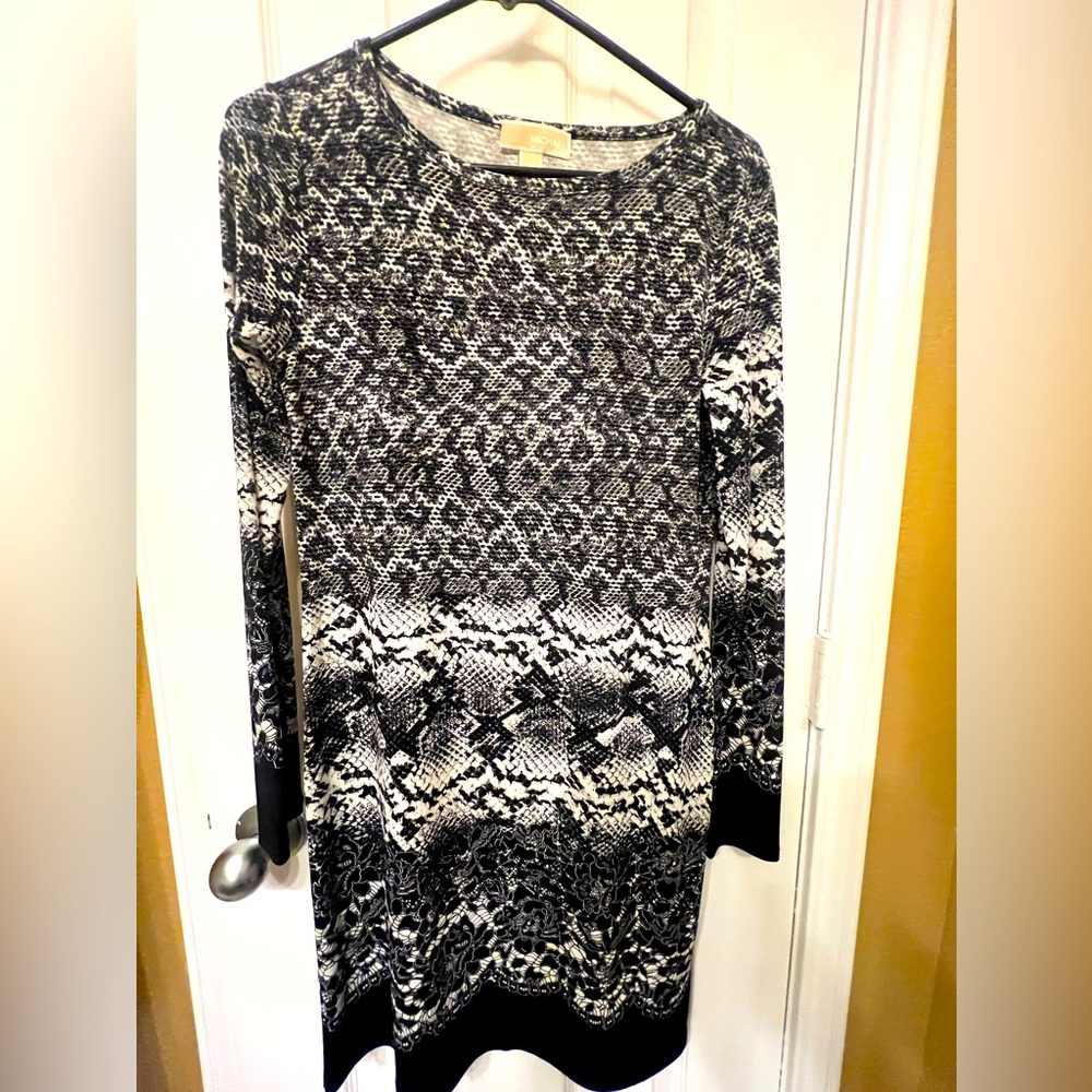 Michael Kors Black White Snake & Floral Print Shift Dress, Size Small
